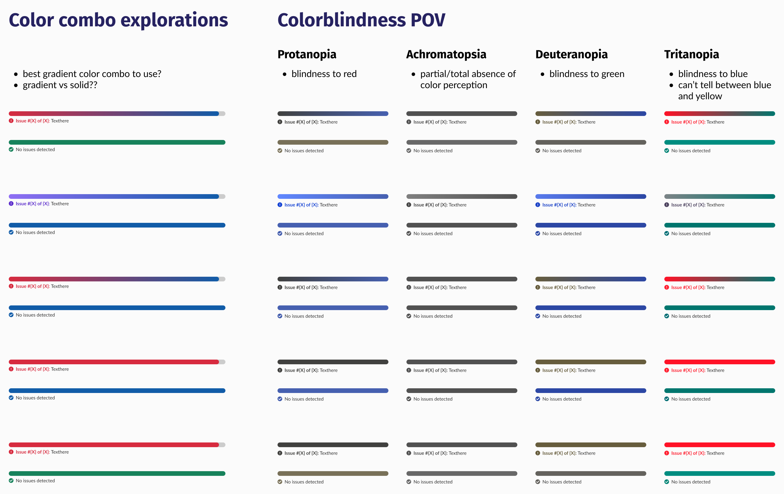 potential ideas for the error progress handling I wanted to include in the census enrollment experience, including gradient colors, solid colors, and what each exploration would look like with various colorblindness conditions